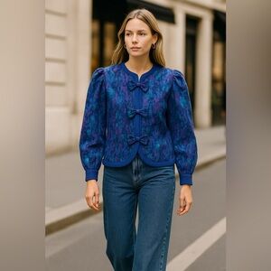 Vintage Jewel Tone Montreal Brand Bows Puff Sleeve Jacket size S/M Blue Purple  